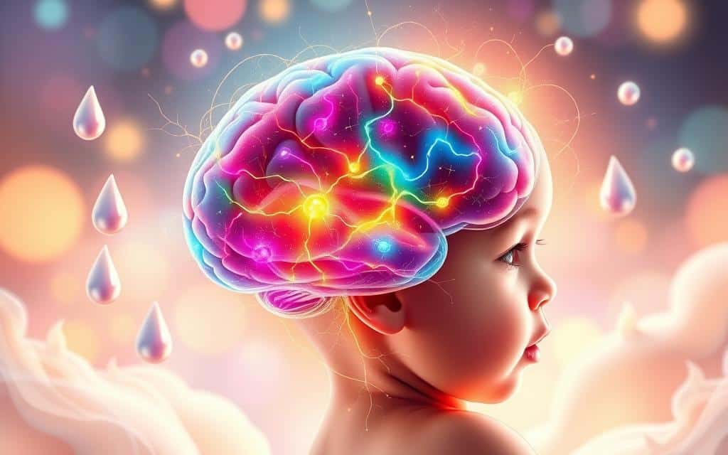 Aleitamento Materno e o Desenvolvimento Retrato abstrato do desenvolvimento cerebral do bebê. Cores vibrantes e retrato de perfil do bebê.