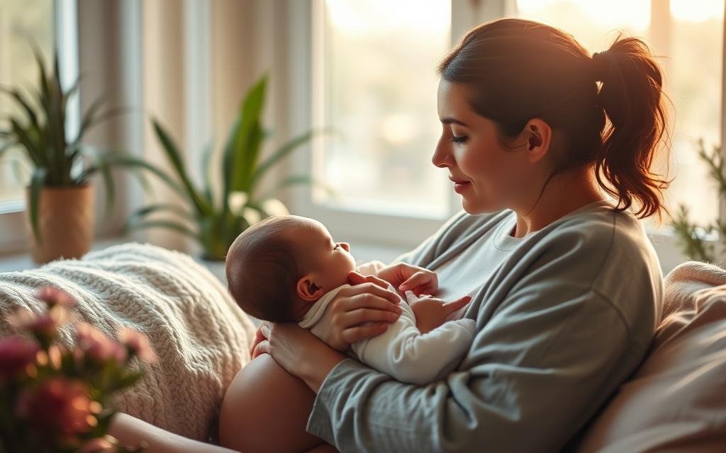 Aleitamento Materno- Mamãe em um momento de ternura segurando seu bebê no colo em um sofá aconchegante.