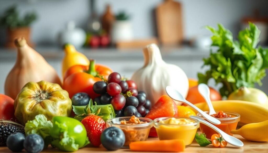 Alimentos saudáveis, muito coloridos compondo as papinhas de introdução alimentar