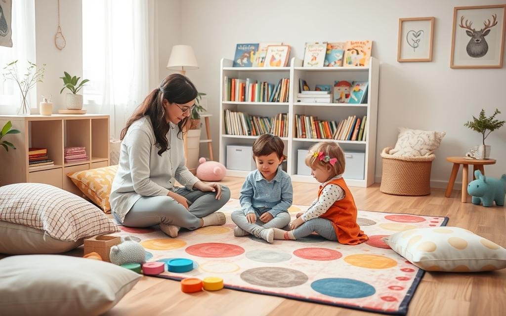 Mulher sentada com duas crianças em uma sala decorada para crianças em uma seção de terapia infantil