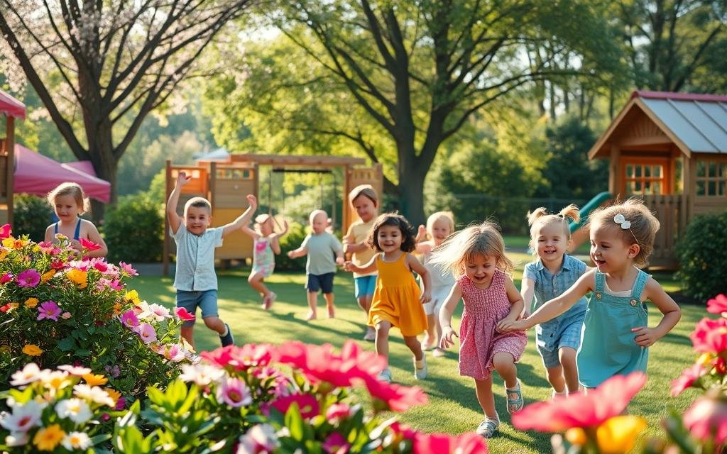 Saúde mental infantil-crianças brincando felizes em um parque