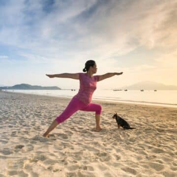 Saúde e Bem-estar uma mulher fazendo yoga na praia junto com seu pet