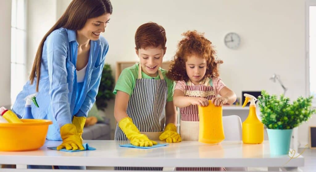Uma mãe vestindo uma camisa azul clara, junto com seu filho vestindo camiseta verde claro e sua filha vestindo blusa rosa fazendo as tarefas domésticas de forma divertida.