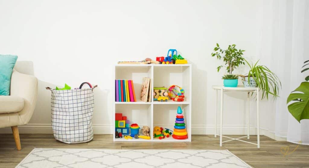 ambiente da casa com brinquedos organizados e ambiente limpo