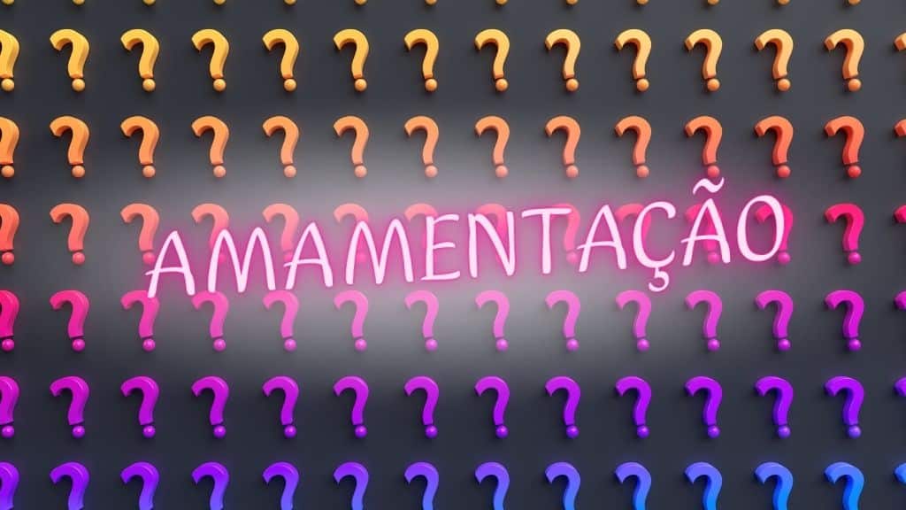 Curiosidades-sobre-Amamentação Vários pontos de interrogação coloridos e a palavra amamentação escritas em cor branco e rosa neon.