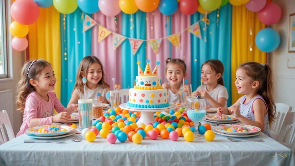Festa Infantil: uma mesa de aniversário repleta de doces e um bolo 2 andares colorido, balões e cortina ao fundo rosa e azul claro. meninas sentadas em volta da mesa felizes.