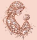 Uma Joia em formato de perfil de mãe segurando seu filho no colo cor rosa claro