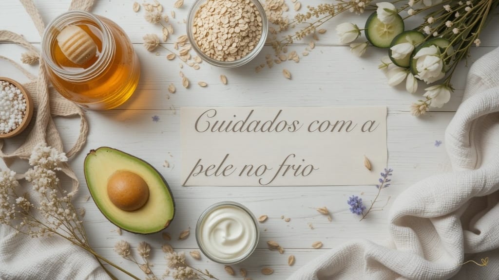Hidratantes Caseiros para o Frio Ingredientes naturais para cuidados com a pele no inverno sobre mesa branca aconchegante.