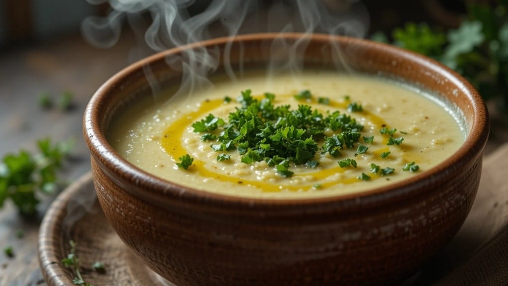 Caldo verde leve com batata e couve picada servido em tigela rústica.