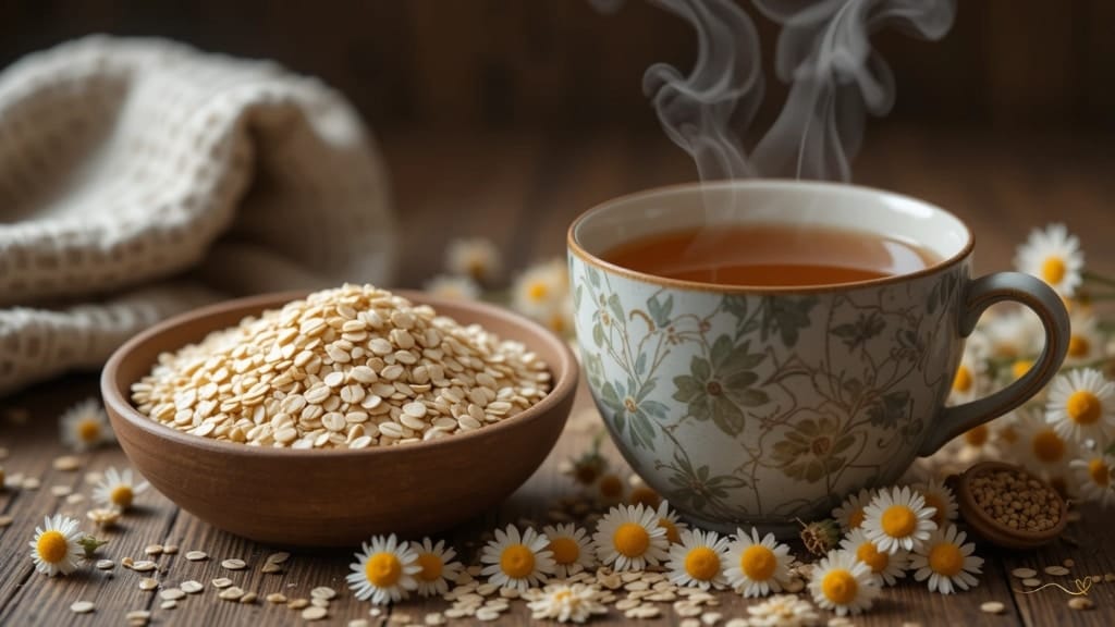 Chá de camomila com aveia Chá de camomila com aveia moída para máscara facial caseira.
