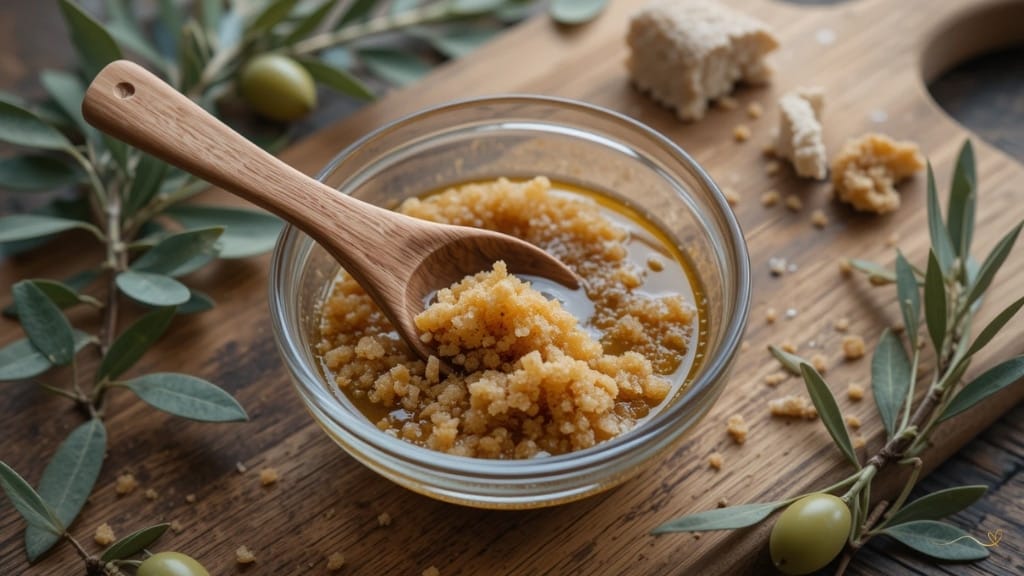 Esfoliante de açúcar mascavo e azeite Esfoliante natural de açúcar mascavo com azeite de oliva em potinho de vidro.