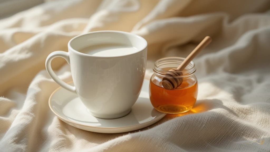 Leite com mel Xícara com leite e mel sobre tecido suave, com luz natural.