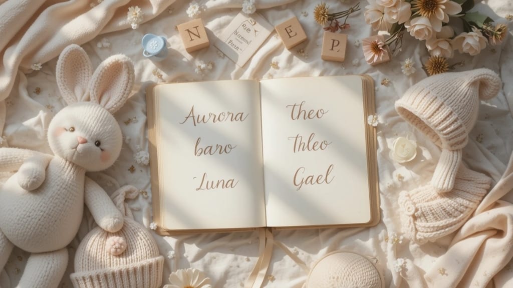 Nomes de bebê com significado: Imagem em cores no tom pastel, com bichinhos feitos de tricô, com um livro aberto com nomes escritos.
