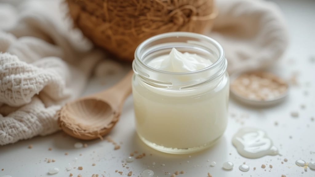 Óleo de coco Pote pequeno de óleo de coco com colher de madeira e toalha macia ao fundo.