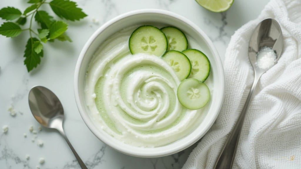 Pepino com iogurte Máscara de pepino com iogurte em tigela com fatias frescas de pepino ao lado.