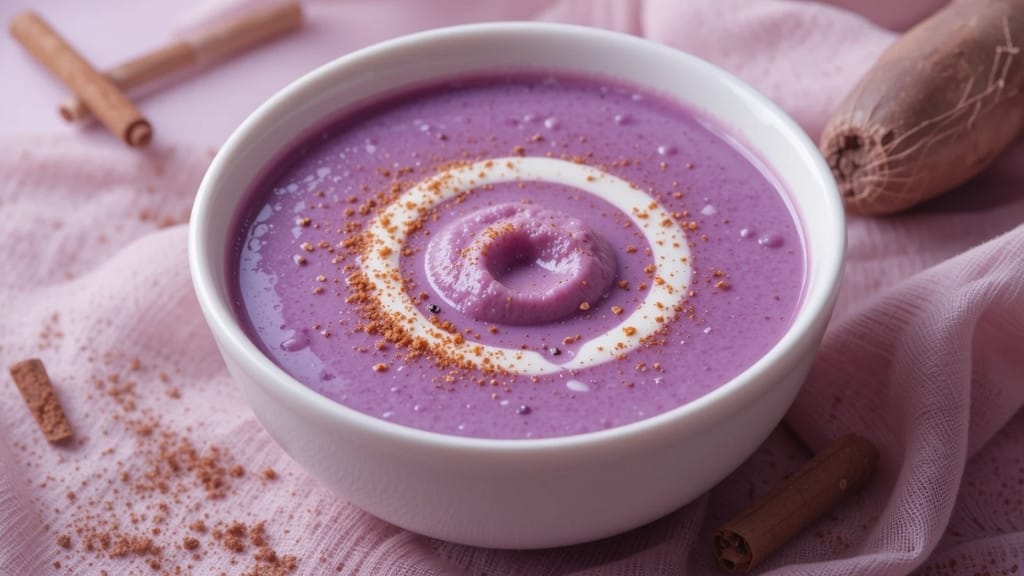 Sopa doce de batata-doce com leite de coco e canela em tigela infantil.