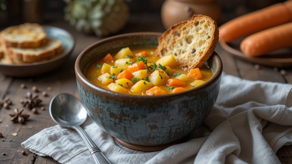 Sopa com pedaços de batata e cenoura servida com torradinhas.