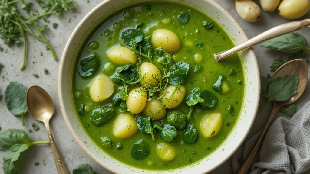 Sopa verde de espinafre com batata em tigela delicada.