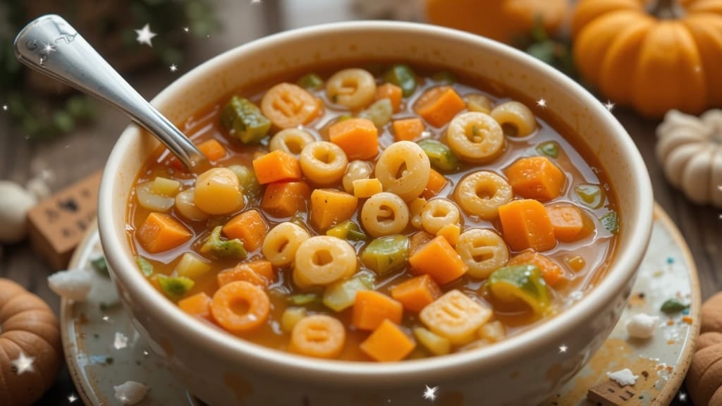 Sopa de legumes coloridos com macarrão de letrinha em tigela infantil.