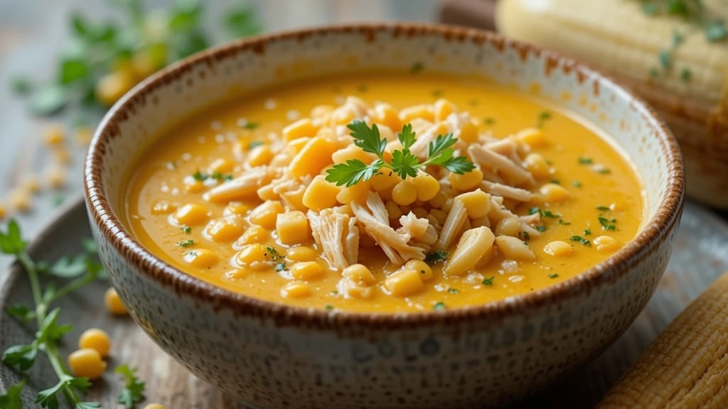Sopa cremosa de milho com frango desfiado em tigela aconchegante.
