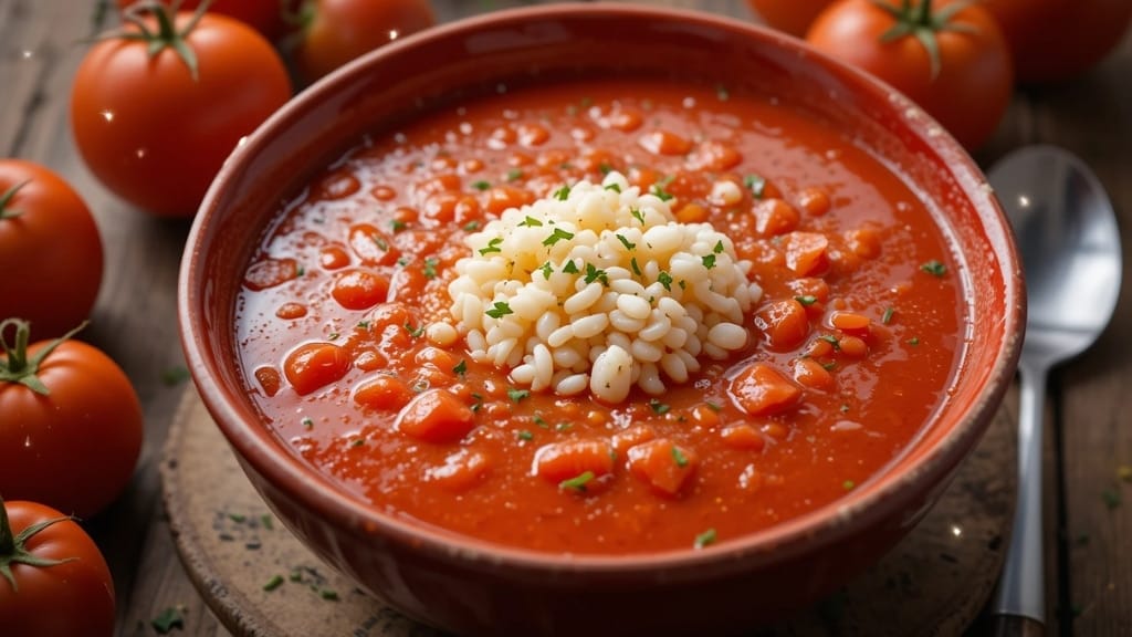 Sopa de tomate com arroz em tigela vermelha, com orégano por cima.