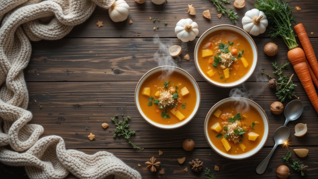 Três tigelas com sopas quentinhas sobre uma mesa rústica com elementos de inverno e toque mágico.
