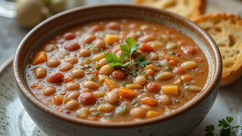 Sopa de feijão batido com pedacinhos de legumes e torradas ao lado.