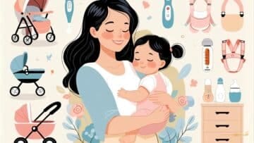 Produtos realmente necessários no primeiro ano do bebê: Ilustração fofa de mãe cuidando de bebê com itens de segurança ao redor, como protetores de tomada, grades e cadeirinha de alimentação.