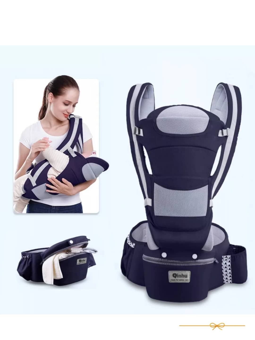 Canguru Qinhu Seguro Ergonômico com apoio na cintura - Azul Marinho