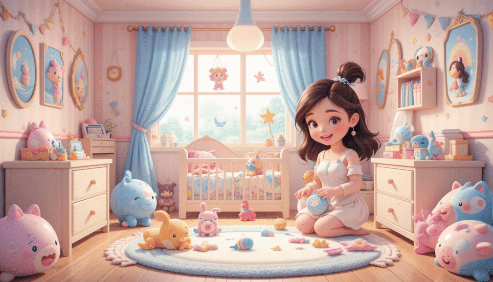 Quarto de bebê fofo em estilo cartoon, com berço, móbile, brinquedos macios e mamãe sorridente organizando itens do bebê.