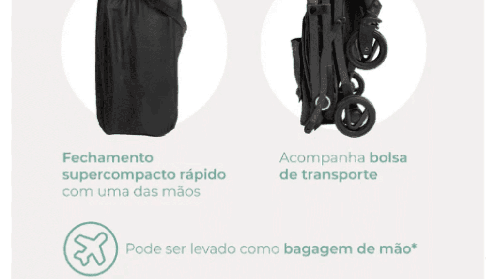 Carrinho Infanti Lucca com fechamento super compacto com as mãos, acompanha bolsa de transporte podendo ser levado como bagagem de mão em aeroportos.