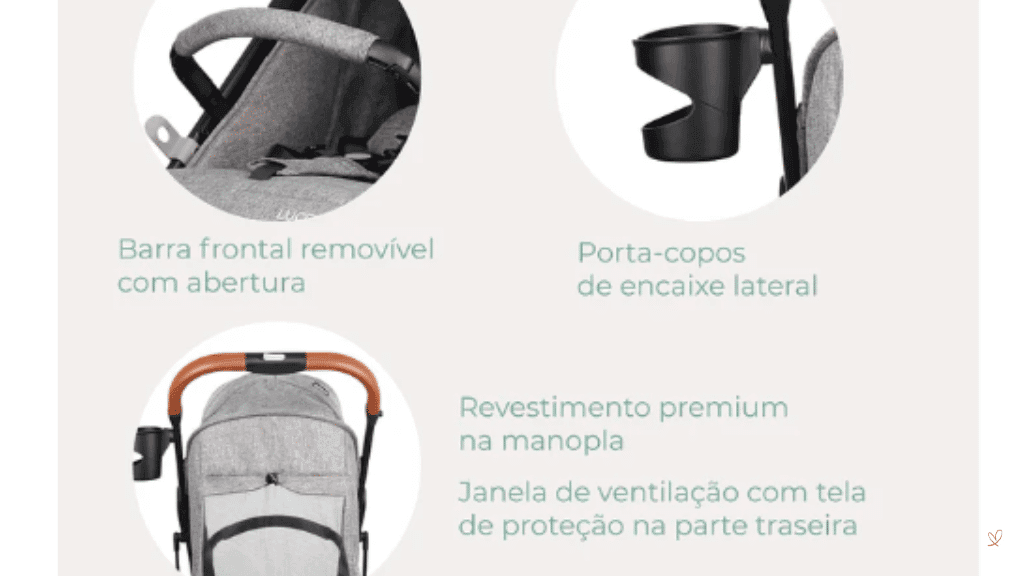 Carrinho Infanti Lucca com barra frontal removível com abertura, porta-copos de encaixe lateral e revestimento premium na manopla e janela de ventilação com tela de proteção na parte traseira.