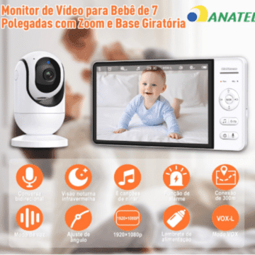Babá Eletrônica OLANENEM com monitor de vídeo 7 polegadas com zoom e base giratória
