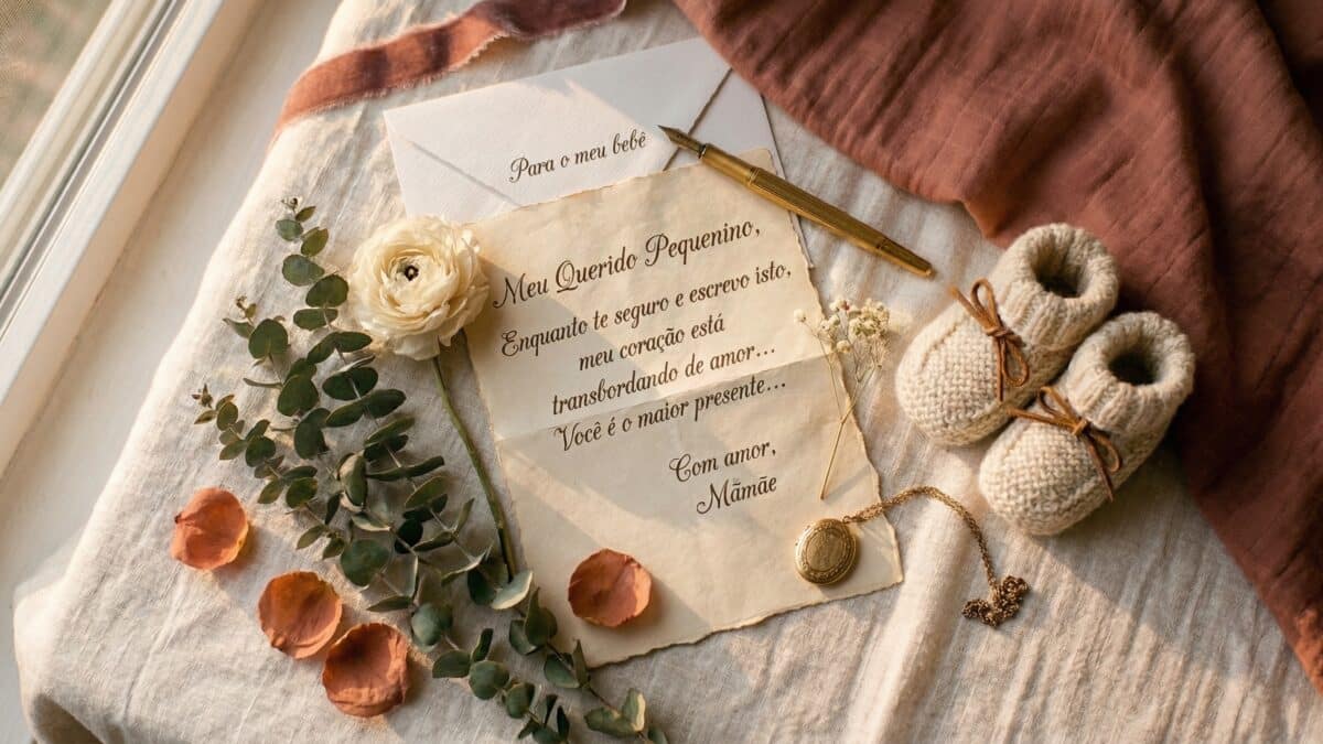 cartasparameufilho Carta escrita à mão para filho com sapatinhos de bebê, flores secas e envelope vintage — textos emocionantes de mãe para filho copiar