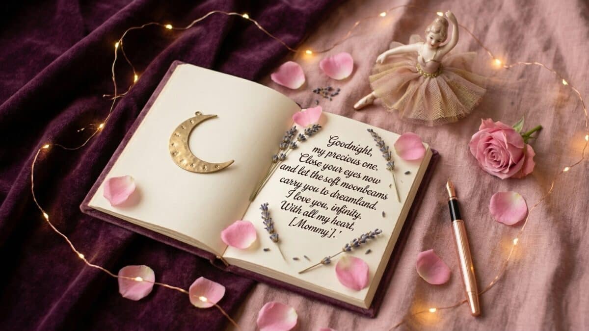 Menina dormindo com ursinhos e luz rosada — mensagem de boa noite para filha copiar e colar
