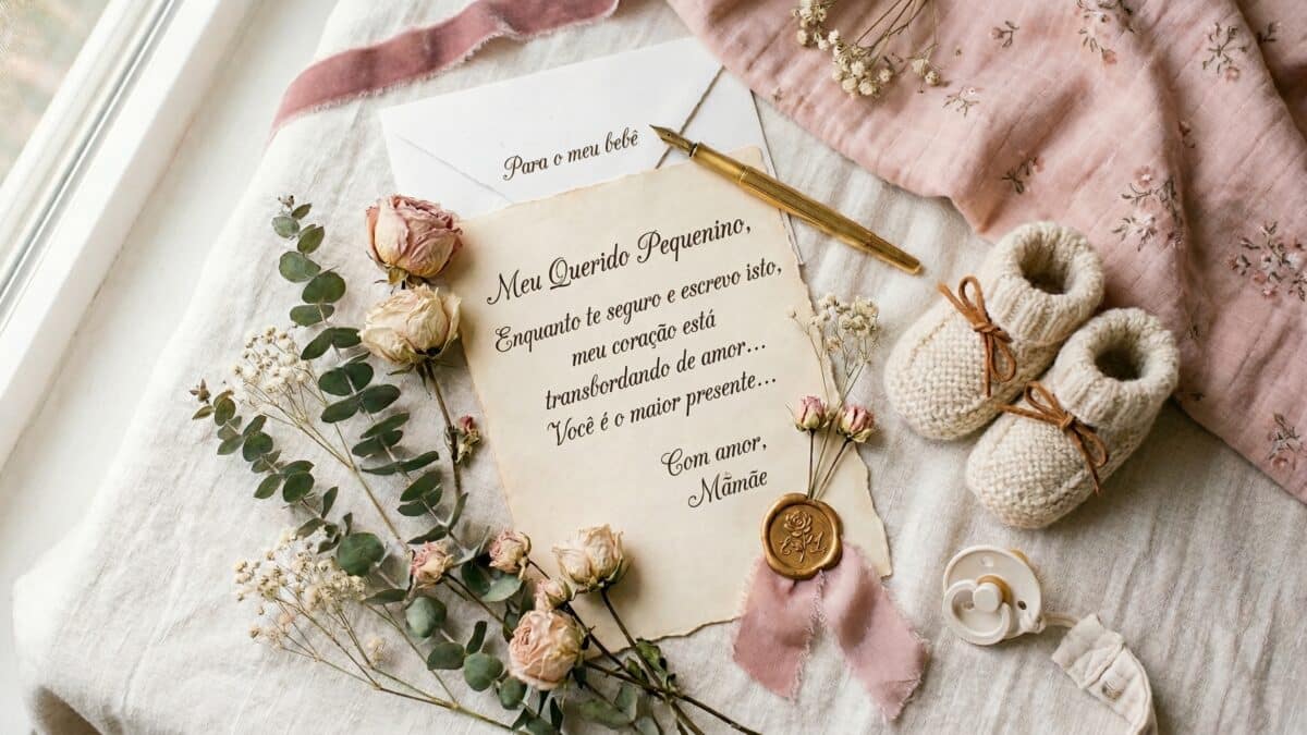 Mensagens prontas para nascimento de bebê escritas à mão em papel vintage com flores secas e itens de bebê para enviar no WhatsApp