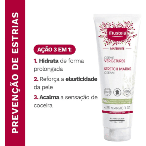 mustela creme para estrias, hidrata, reforça a elasticidade da pele e acalma a coceira.
